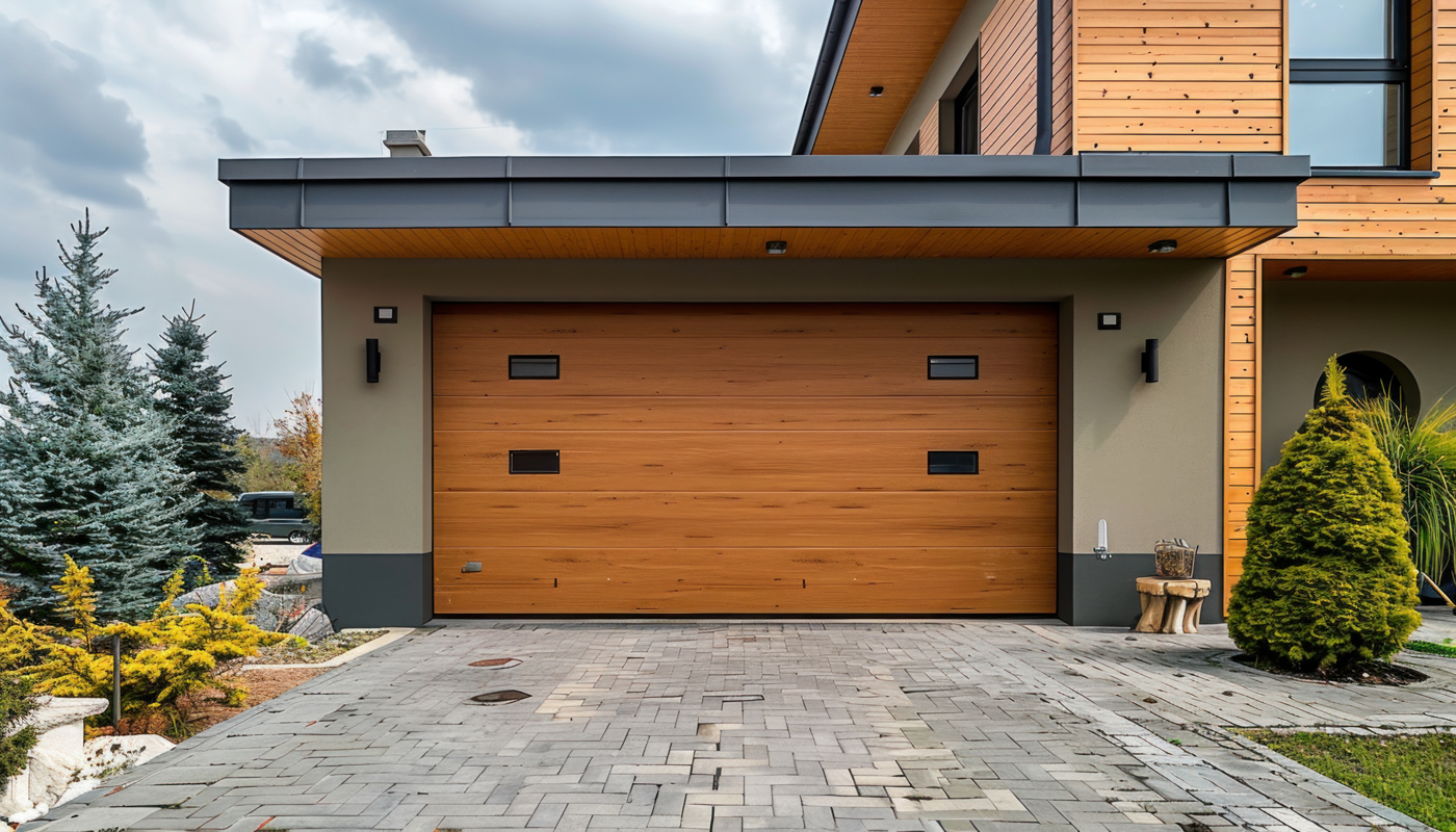 Modern residential garage door with wood trim and seal