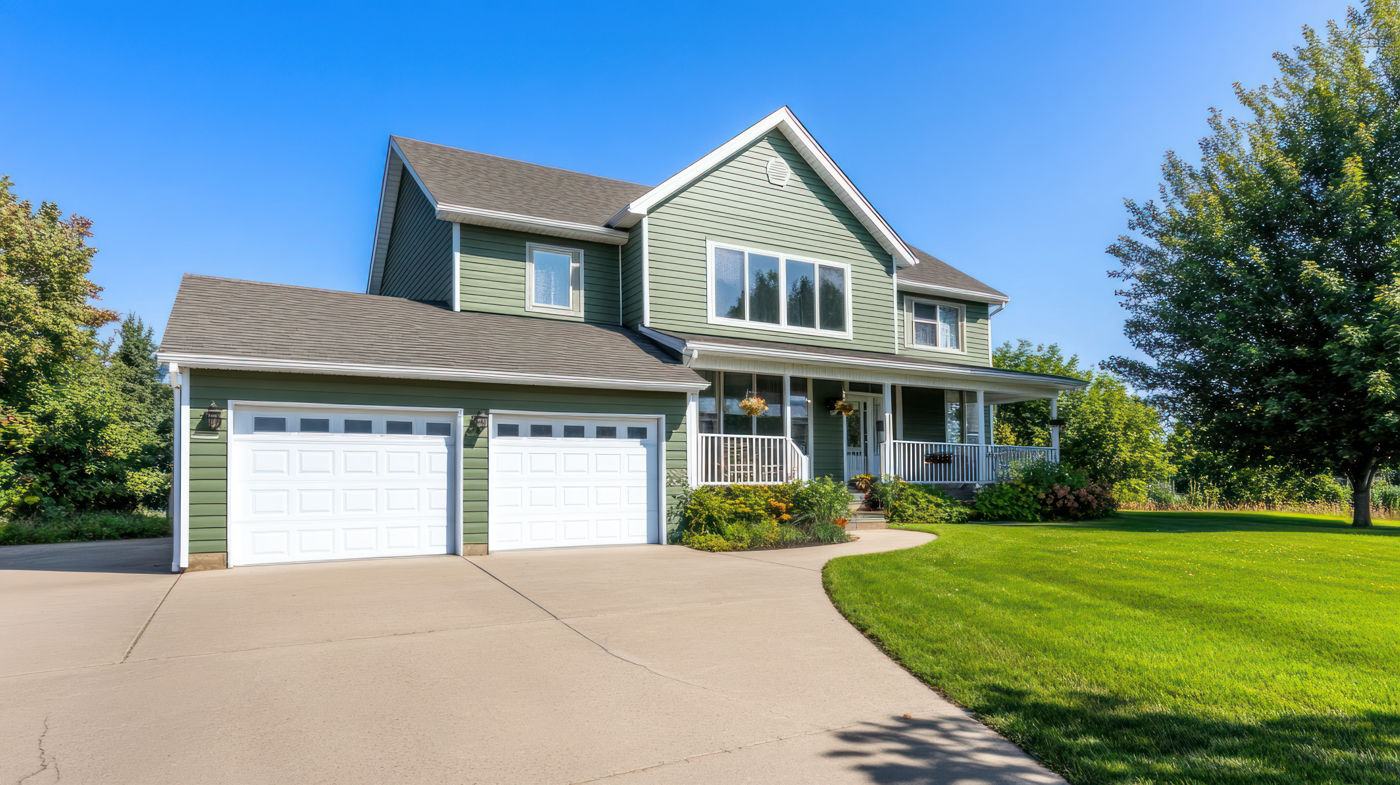 White residential garage door on green Canadian home