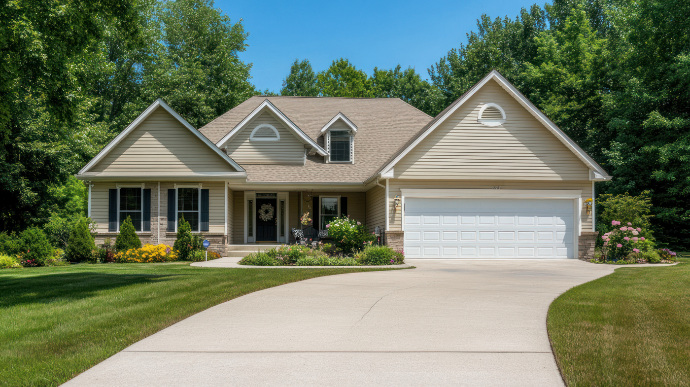 Triple garage door install on green suburban Canadian home